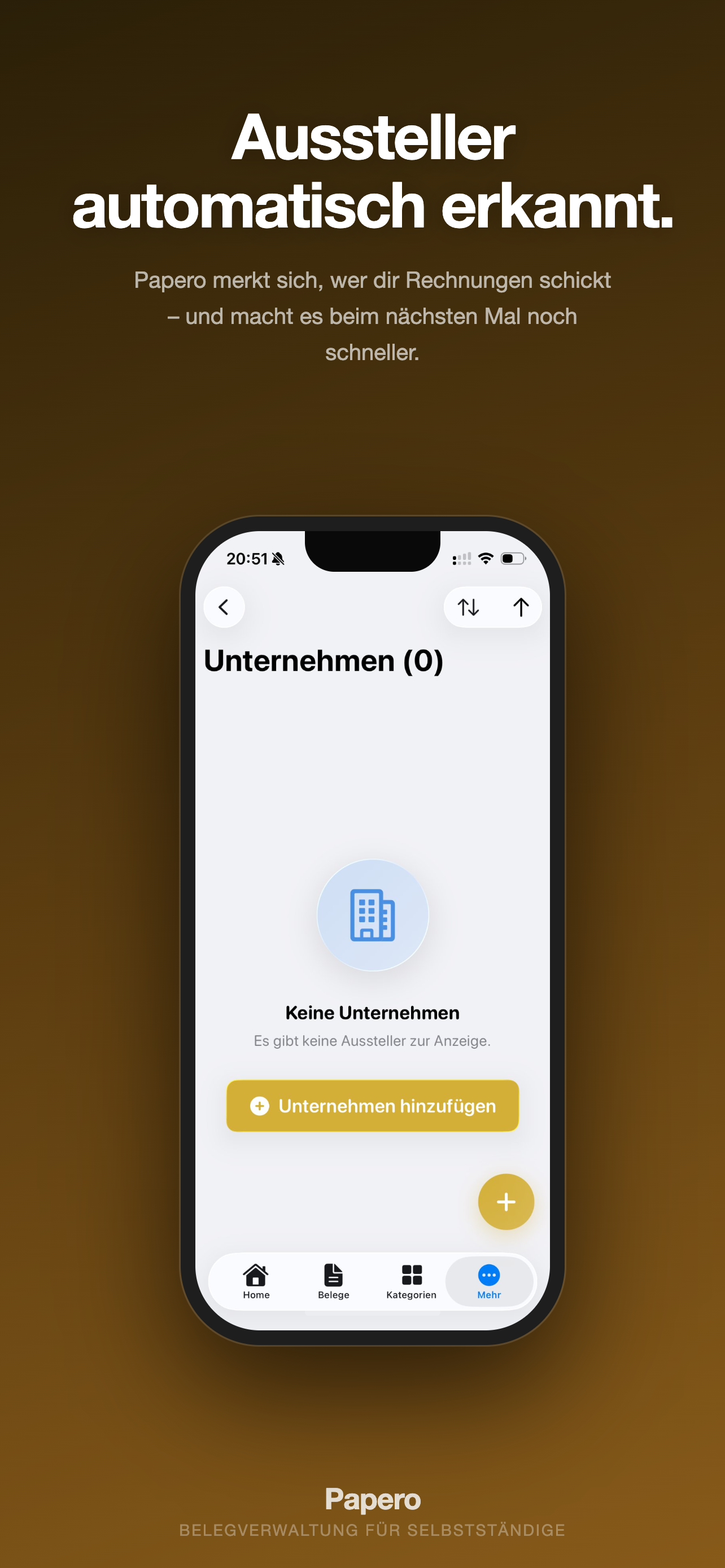 Papero App – Unternehmen und Kategorien verwalten