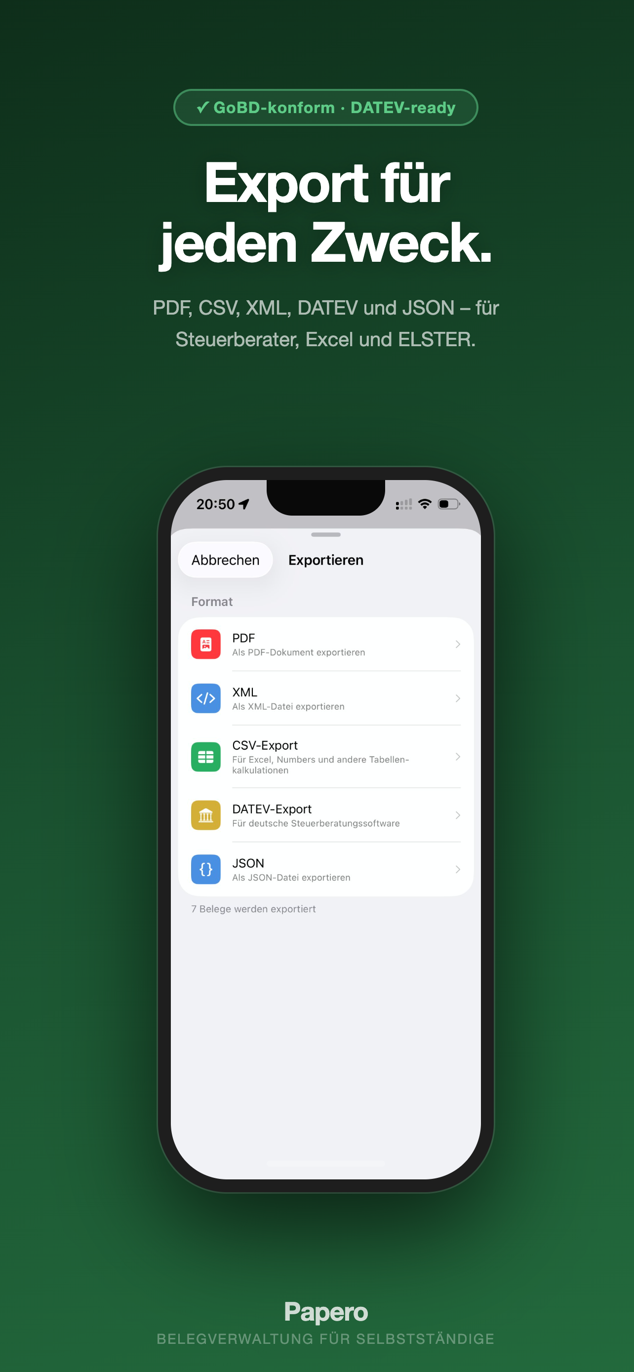 Papero App – Export als DATEV, CSV, PDF